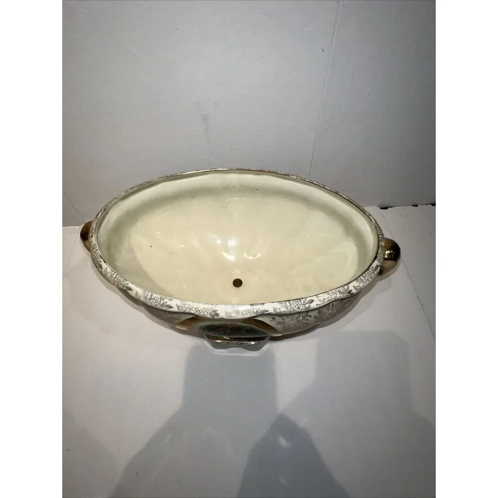 Vintage Empire Ware England Gold Pedestal Dish Centerpiece‎ with Victorian Scene